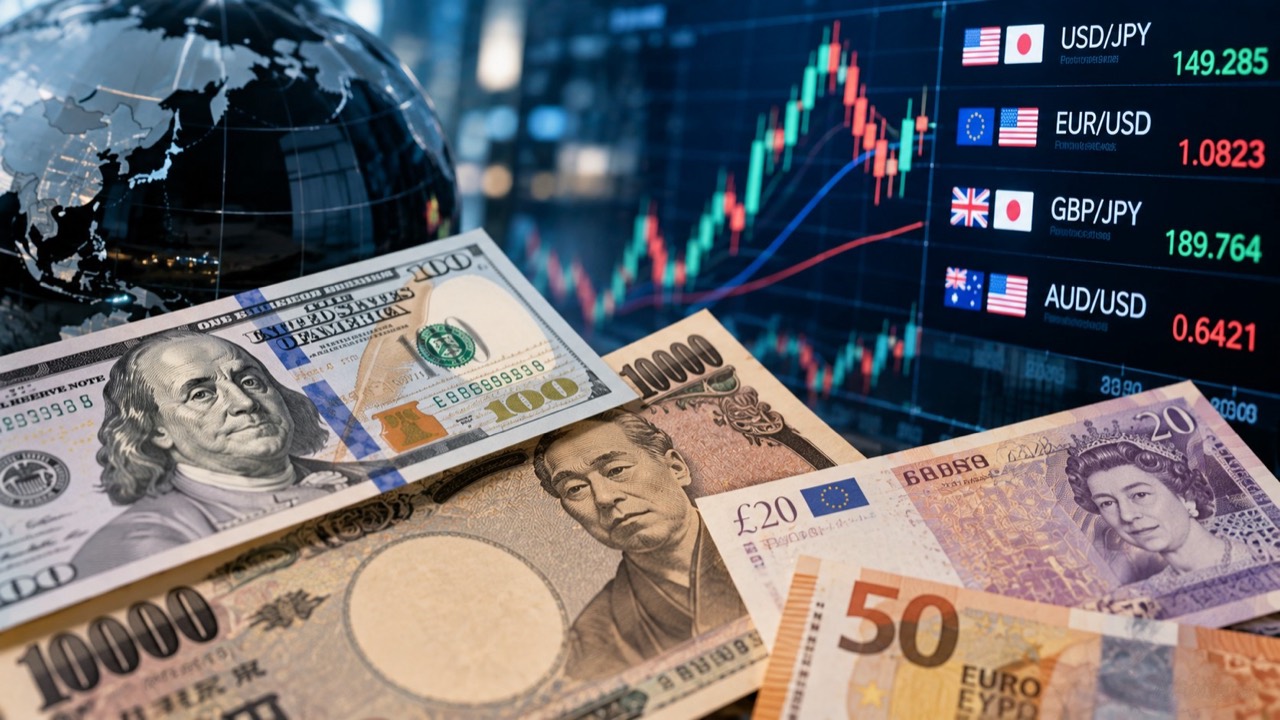 主要通貨と為替市場を題材にしたイメージ。画面の数値は実際の相場ではない