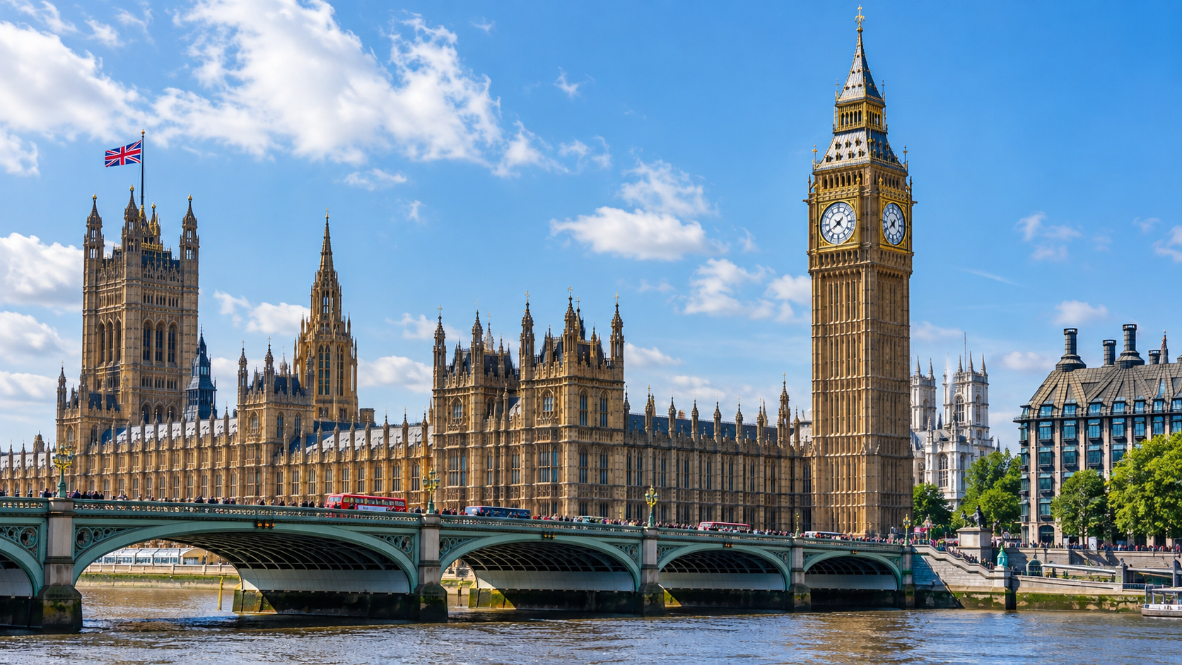 英国議会議事堂と国旗のイメージ